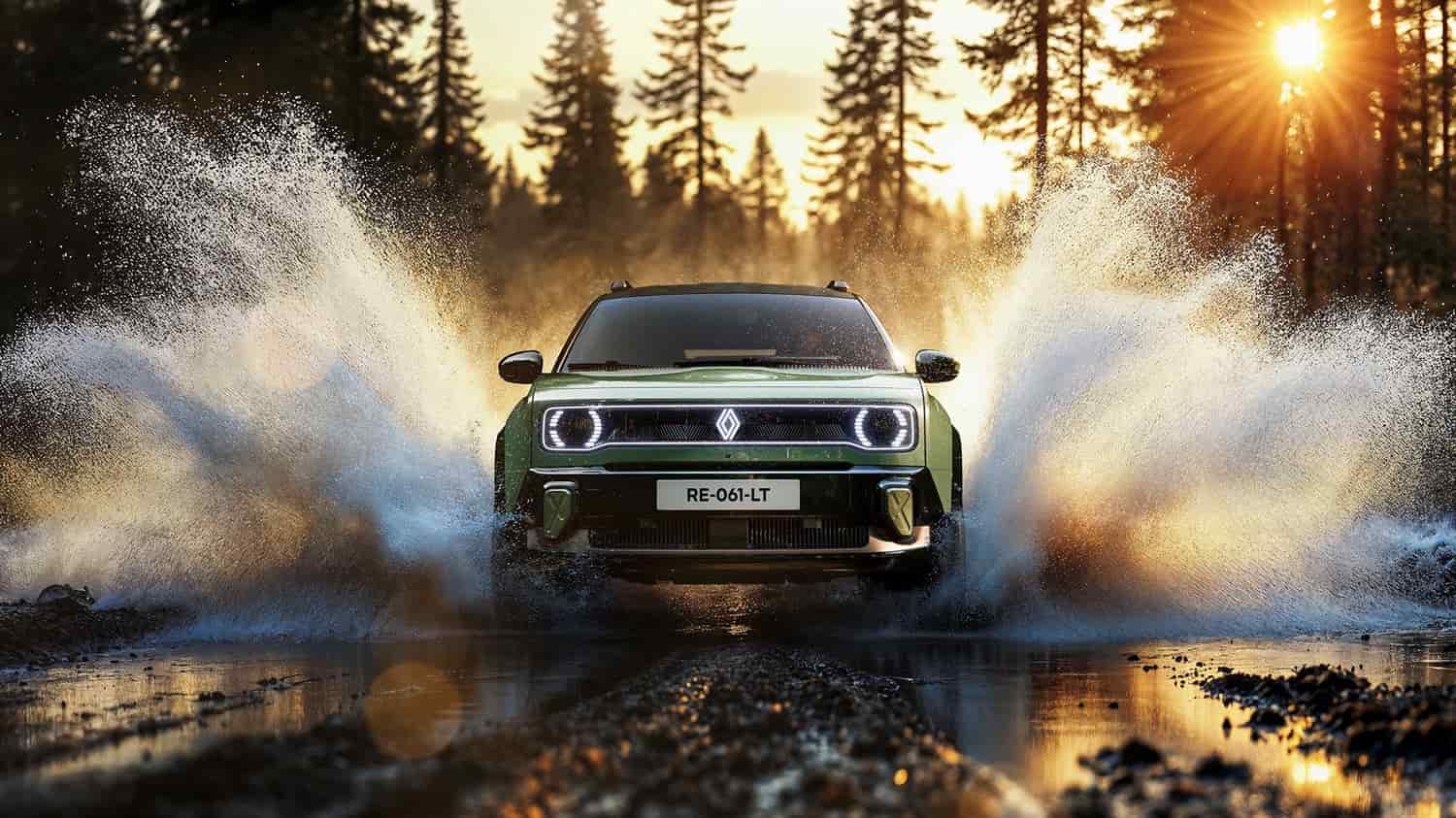 מבט חזיתי מלפנים על רכב קונספט רנו 4 Savane חוצה מקווה מים ביער