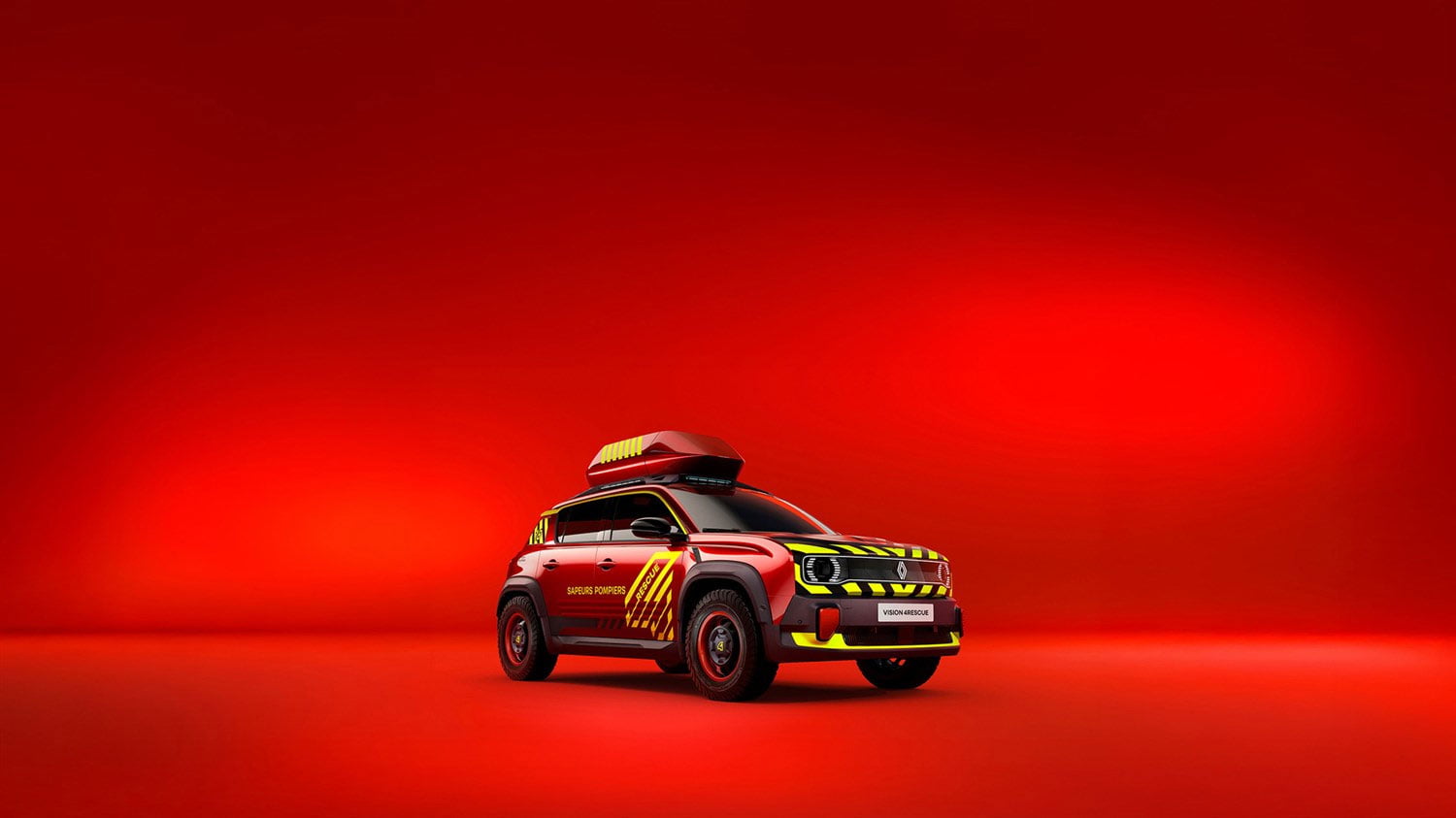מבט מלפנים על רכב קונספט רנו 4 vision forrescue על רקע אדום בוהק