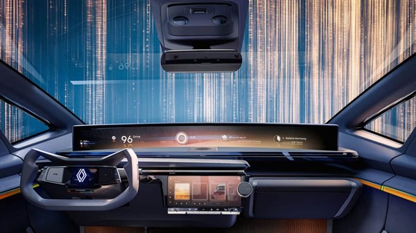  מבט מאזור המושבים האחוריים על הדשבורד והשמשה הקדמית ברכב קונספט רנו R Space Lab