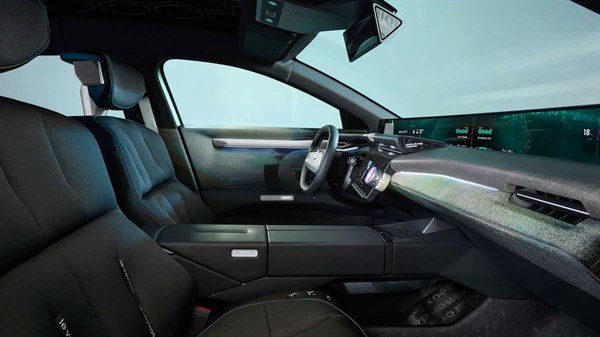 מבט מהצד על המושבים הקדמיים והדשבורד ברכב קונספט רנו Emblème