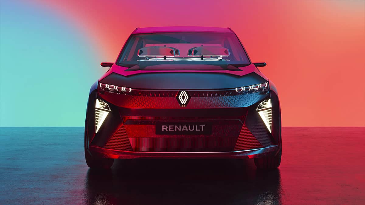 מבט חזיתי מלפנים על רכב הקונספט Renault Scenic Vision על רקע תאורה צבעונית