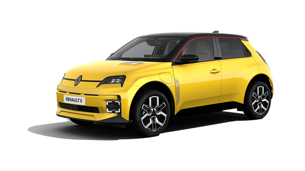 מבט מלפנים על רכב חשמלי עירוני רנו 5 בצבע צהוב עם גג שחור