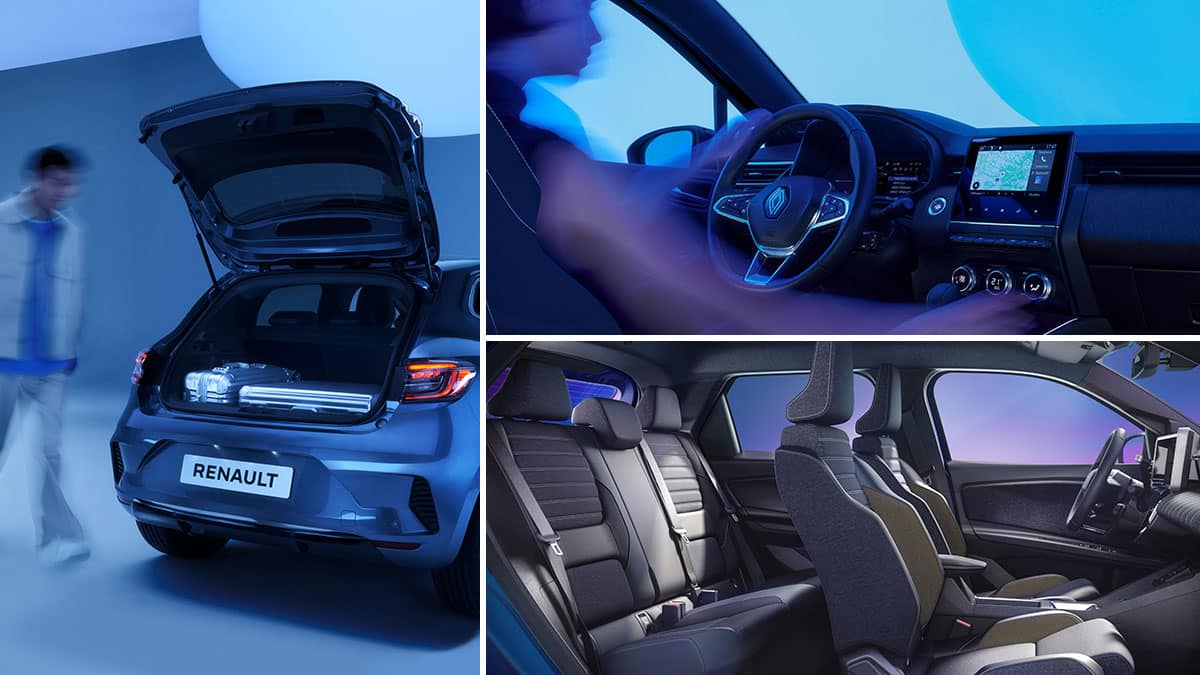 קולאז' תמונות של רכבים קטנים של רנו. גבר עומד לצד תא המטען הפתוח מלא במזוודות של רנו קליאו. נהגת יושבת ברנו קליאו, תא נוסעים של רנו 5 החשמלית.